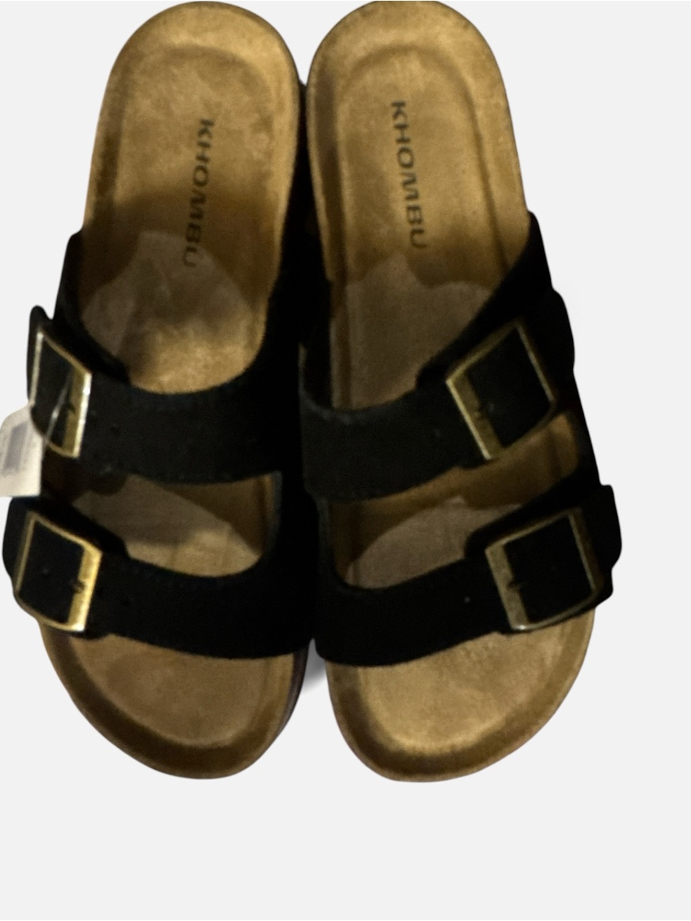 NWT Khombu Black Double-Strap Slide Sandal with Gold Buckles SZ 8